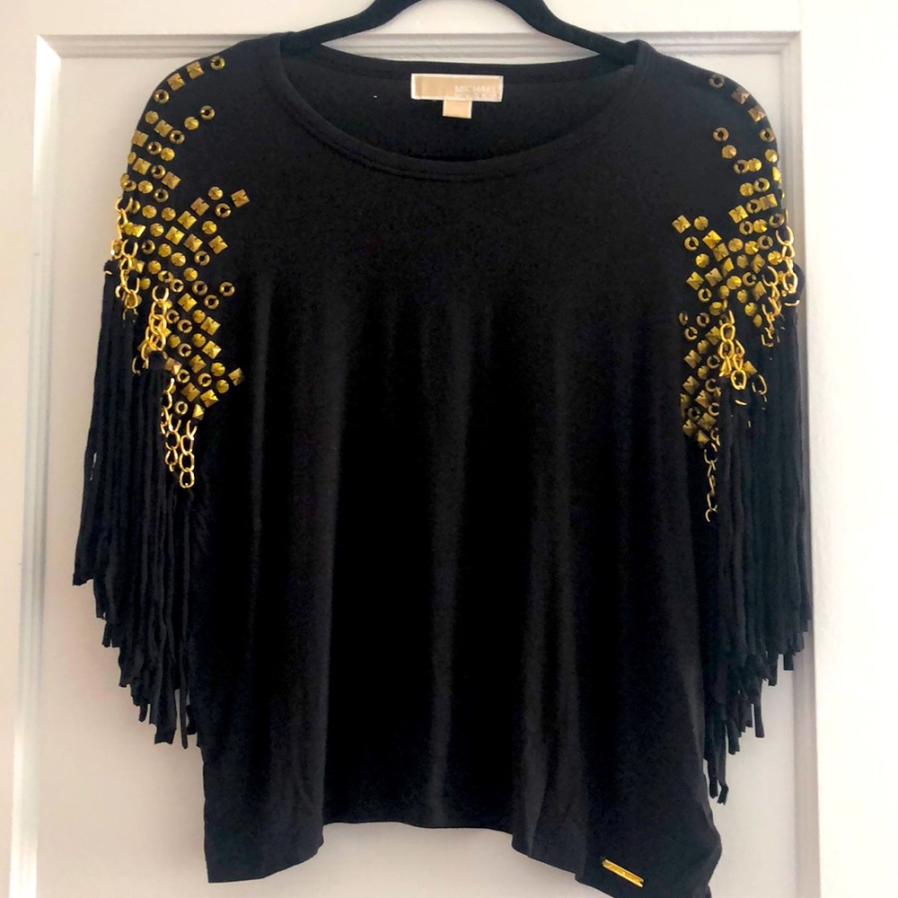 Michael Kors Black and Gold Studded Fringe Top